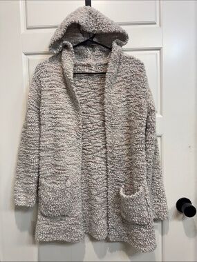 Hippie Rose Plush Hooded Trench Coat in Light Gray Cream